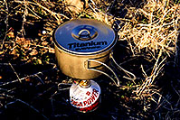 /images/133/2003-03-sedona-peak-stove1.jpg - #01168: Snow Peak - Giga Power stove and Evernew Titanium camping pot … March 2003 -- Sedona, Arizona