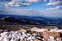 /images/133/2004-06-mtevans-view-down.jpg - #01587: view from top parking lot of Mt Evans … June 2004 -- Mt Evans, Colorado