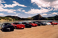 /images/133/2004-07-estes-transams4.jpg - #01653: Ola photographing black, red and white Pontiac TransAm cars at Estes Lake … July 2004 -- Estes Park, Colorado