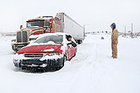 /images/133/2006-12-21-lone-linc-stop.jpg - #03253: red Toyota and semi truck waiting for I-25 to open during a December snowstorm … Dec 2006 -- Lincoln Rd, Lone Tree, Colorado
