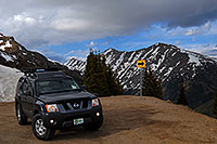 /images/133/2007-06-03-indep-saddle-xterra.jpg - 03840: Xterra posing near top of Independence Pass Road, with Mount Champion at 13,646 ft … June 2007 -- Mount Champion, Independence Pass, Colorado
