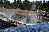 /images/133/2007-07-21-y-mid-basin01.jpg - #04256: People returning from Excelsior Geyser Crater, and spring water flowing into Firehole River … July 2007 -- Lower Geyser Basin, Yellowstone, Wyoming