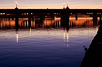 /images/133/2008-10-25-tempe-heron-39646.jpg - #05962: Great Blue Heron fishing at sunset and people on Mill Road bridge over Tempe Town Lake … October 2008 -- Tempe Town Lake, Tempe, Arizona