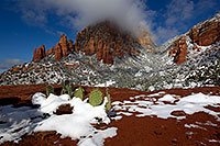/images/133/2011-04-10-sedona-coffeepot-66319.jpg - #09140: Morning snow view of Prickly Pear Cactus and Thunder Mountain (Capital Butte) in Sedona … April 2011 -- Thunder Mountain, Sedona, Arizona
