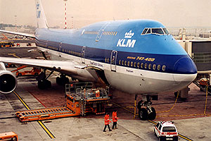 KLM Boeing 747-400 airplane docked at Chicago O