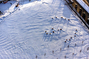 `I love Lainey Lou` writing in the snow â€¦ view from 29th floor