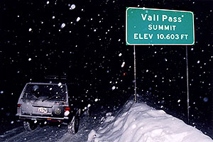 Vail Pass Summit, Elevation 10,603ft â€¦ A snowy night at Vail Pass