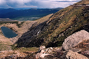 view of Lincoln Lake from Mt Evans road … Mt Evans road in upper right