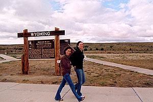 Ola and Ewka walking in Wyoming wind … skies clearing up as we near Yellowstone
