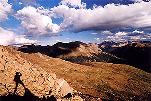 me at 13,000ft, above Independence Pass … view towards Twin Lakes, La Plata Peak rises tallest at 14,336