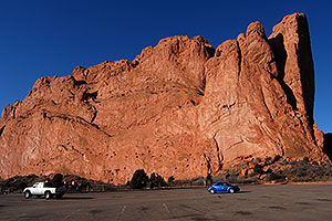 blue VW bug in front of rock of Kissing Camels