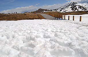 snowy walkway with Independence Mountain at 12,703 ft in the background