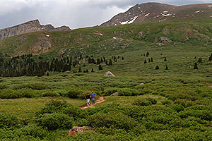 Hikers returning from Mt Bierstadt (14,060 ft, on the right) … The Sawtooth (13,780 ft, on the left)