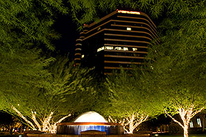 Fountain in a park by Arizona Center at night in Phoenix