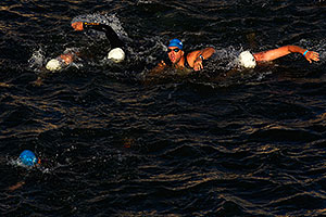 00:12:14 Blue and White Caps swimming at Tempe Triathlon in Tempe Town Lake