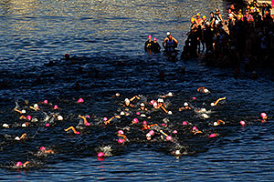 00:14:03 Pink and White Caps swimming at Tempe Triathlon in Tempe Town Lake