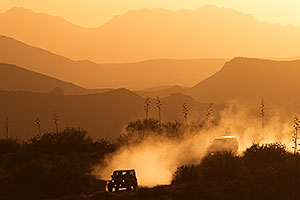 Jeep on a dirt road at sunset in Superstitions