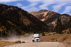 FedEx truck approaching Silverton on a dirt road